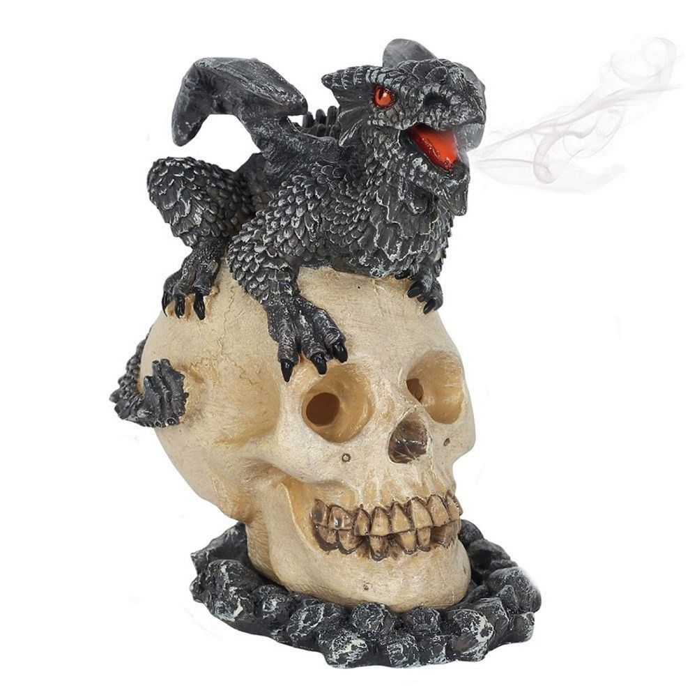 Black Dragon on Skull Incense Dhoop Cone Burner by Anne Stokes
