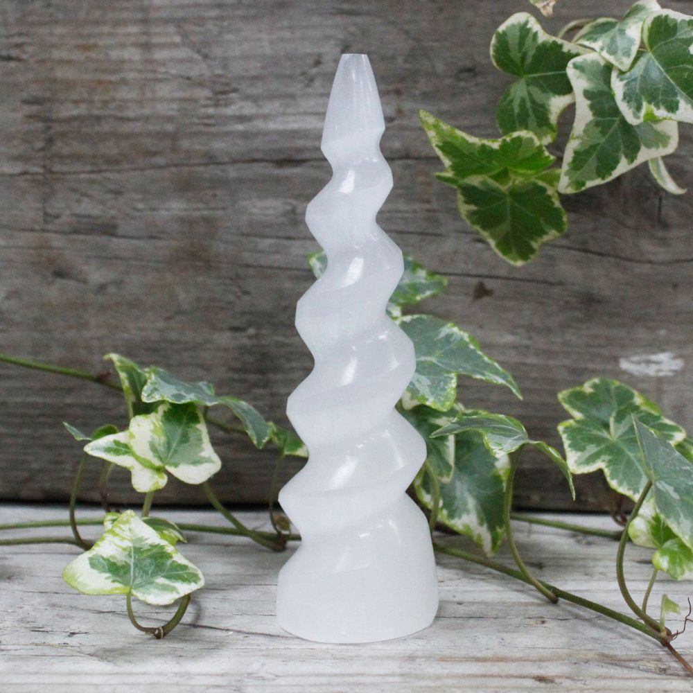 Selenite Natural Crystal Spiral Unicorn Horn Tower 15cm 200g
