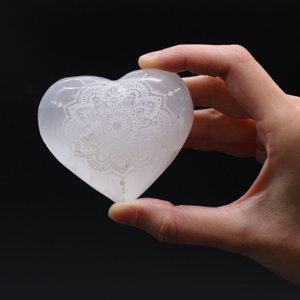 Selenite Natural Crystal Heart Mandala Engraved 7cm