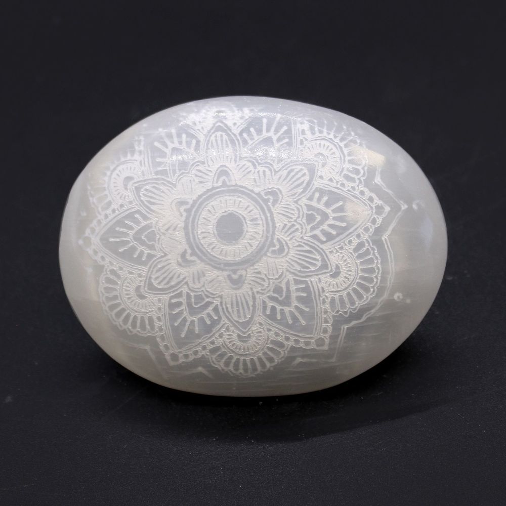 Selenite Natural Crystal Palm Stone Mandala Engraved 7cm x 5cm