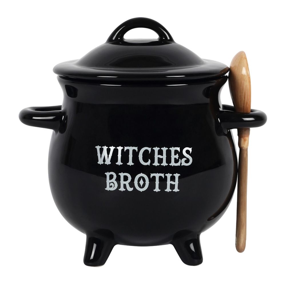 Cauldron Soup Bowl Witches Broth with Broom Spoon
