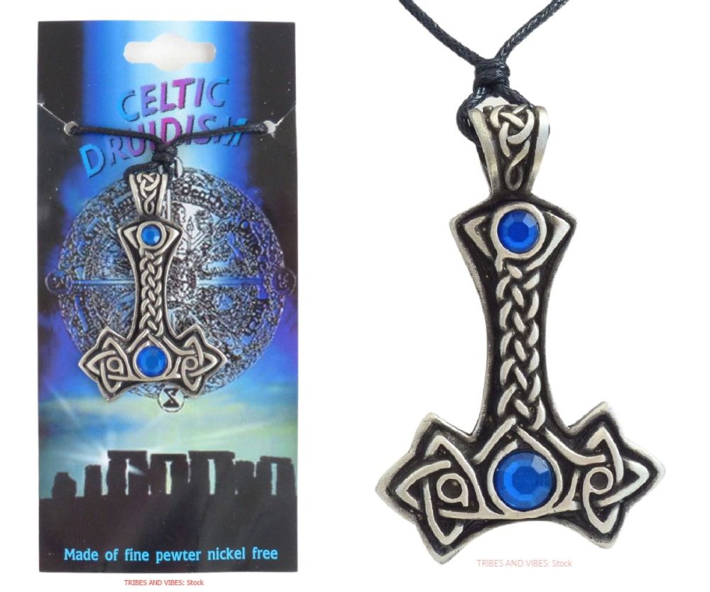 Thors Hammer Pendant Necklace with blue beads  & Card (stock)
