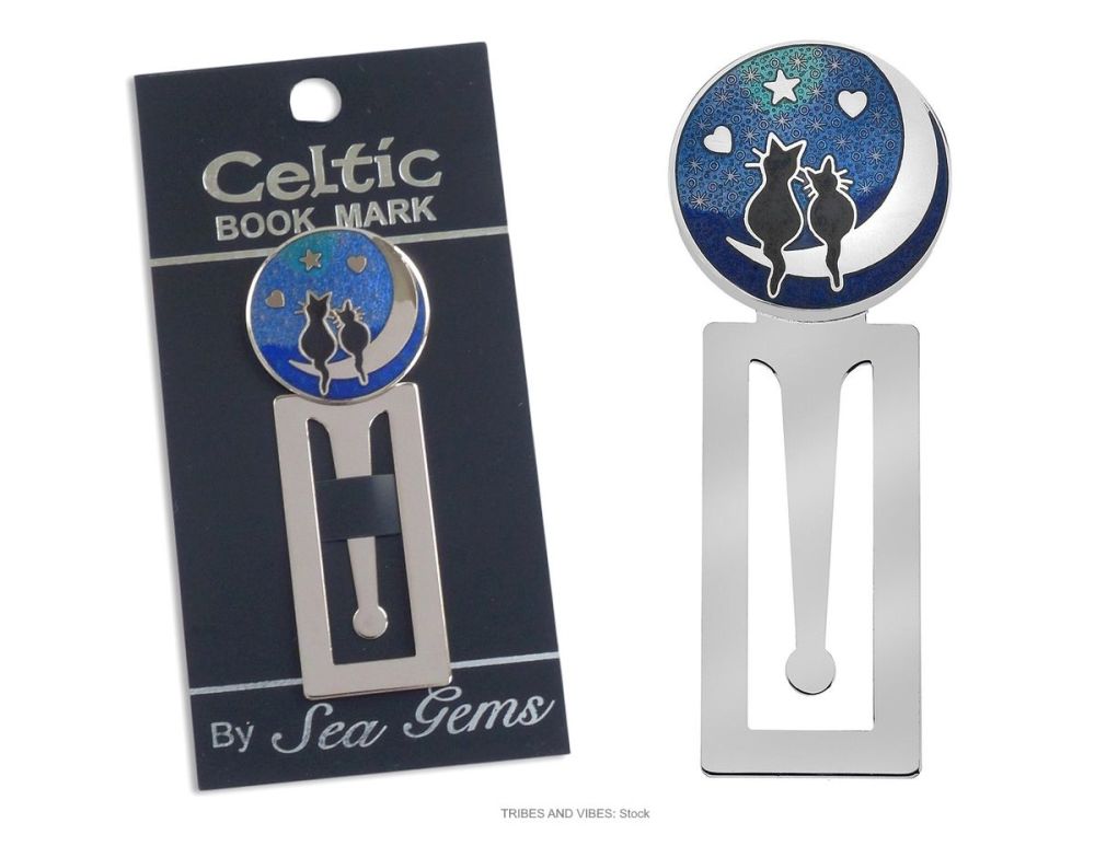 Two Black Cats Moon Stars Hearts metal Bookmark