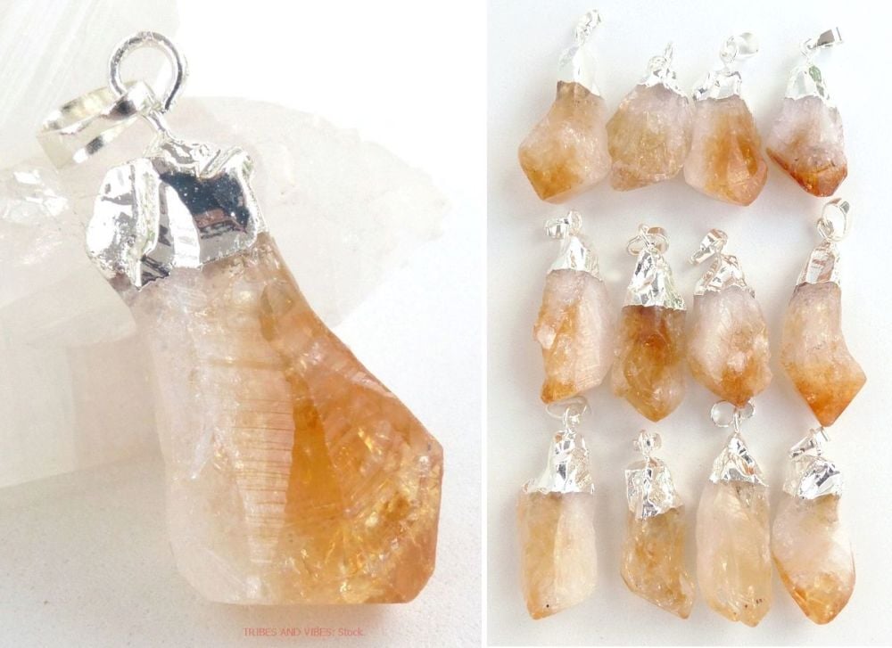 Citrine Crystal Chunky Wand Tip Pendant, Silver Plated (stock)