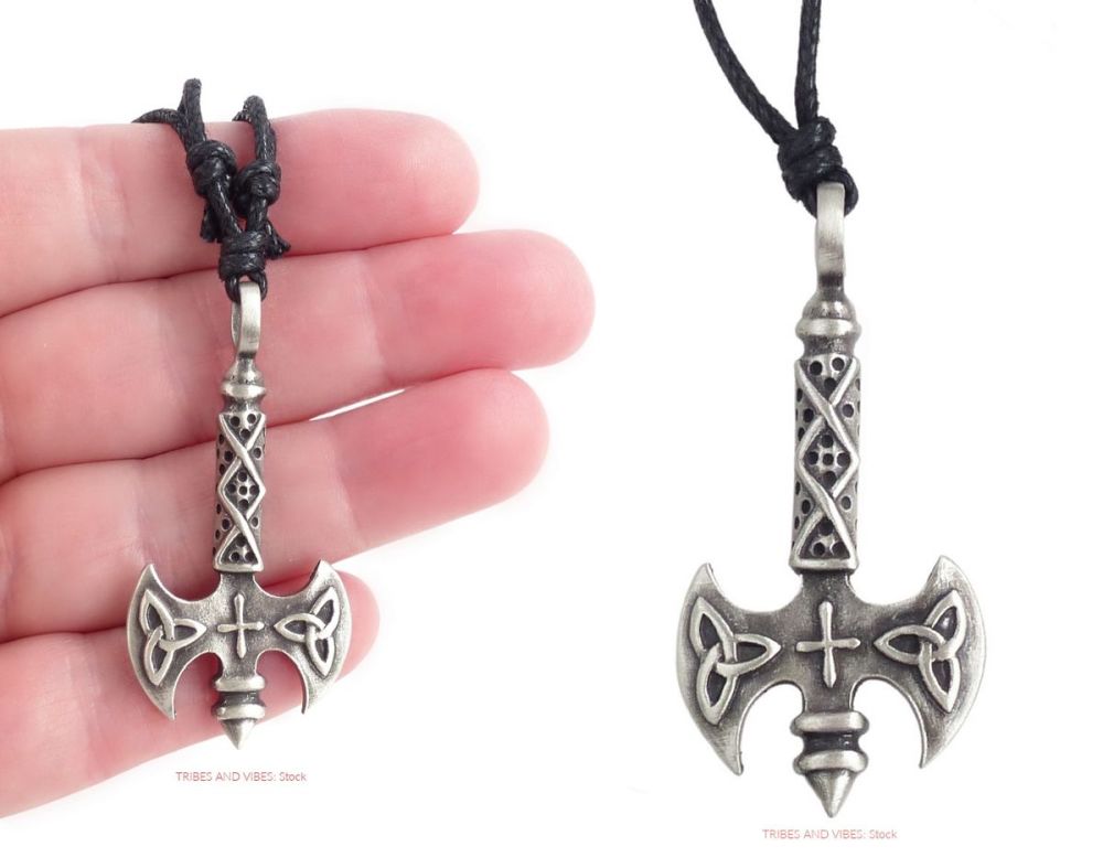 Viking Twin Bladed Axe Triquetra Labrys Pendant Necklace