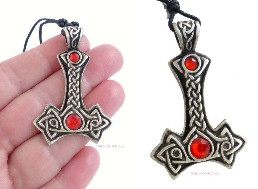 Thors Hammer red beads Pendant Necklace