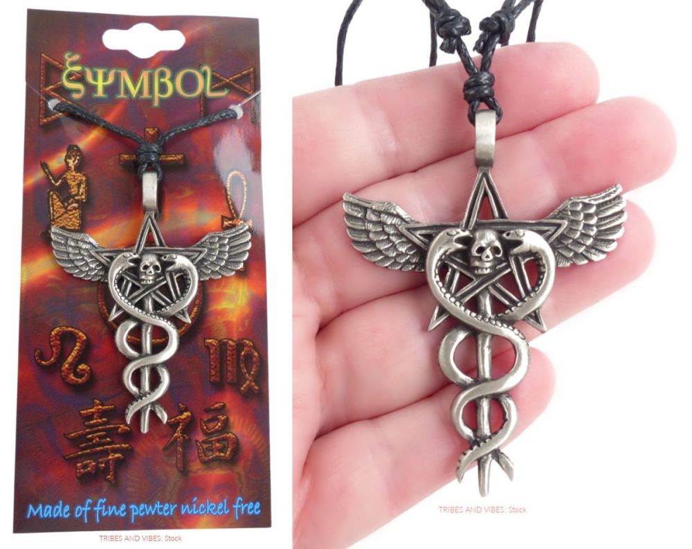 Pentagram, Wings, Skull & Snakes Caduceus Pendant Necklace (stock)