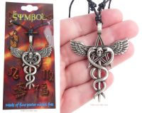 Pagan Caduceus Pentagram Skull & Snakes Pendant Necklace