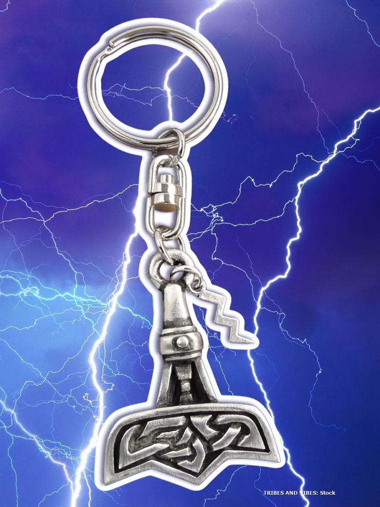 Thors Hammer Celtic Knotwork & Lightning Bolt Keyring