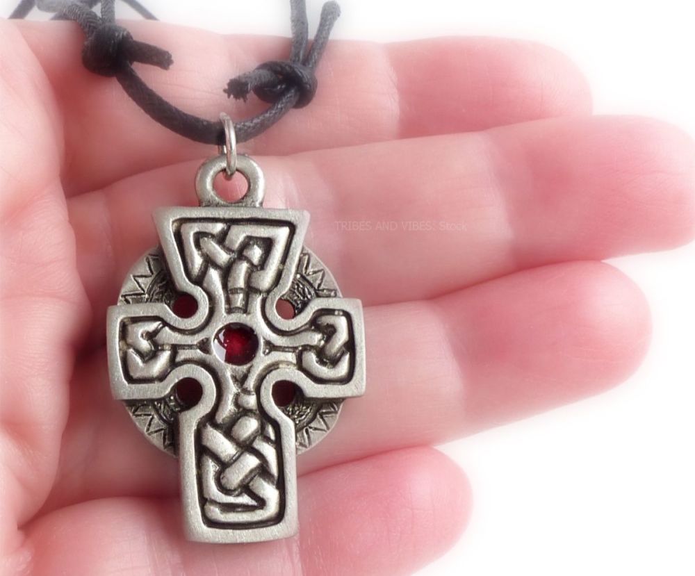Celtic Cross Knotwork Pendant Necklace (red)
