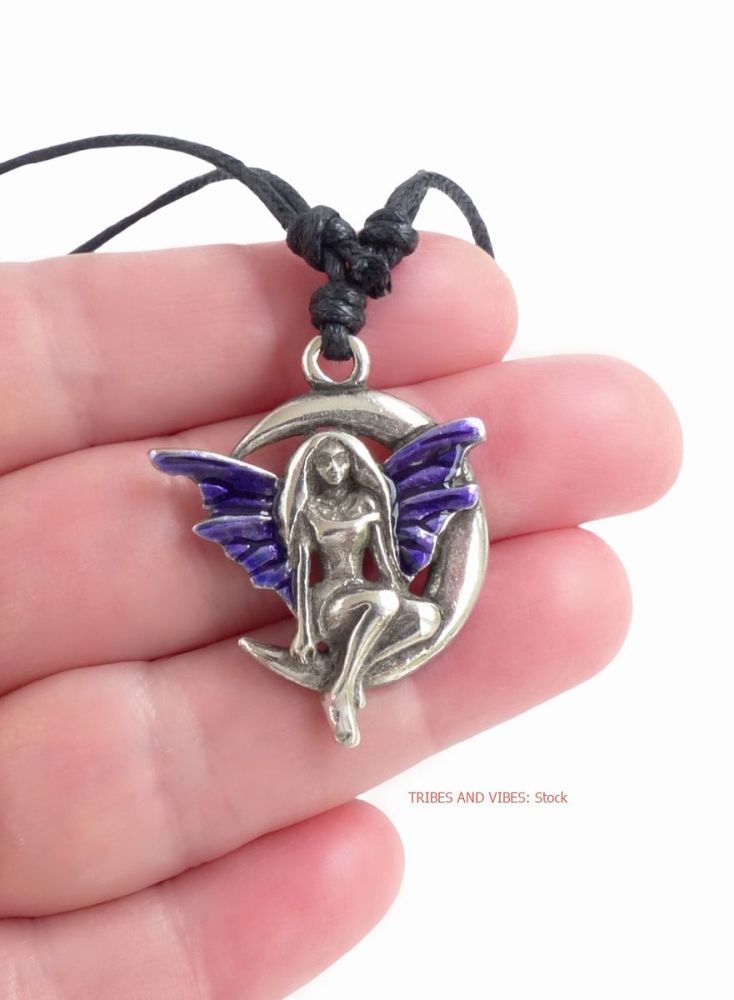 Fairy on Crescent Moon Pendant Purple Wings Faerie adjustable Necklace