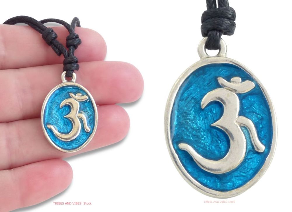 Sanskrit OM Aum Blue Pendant Necklace (stock)