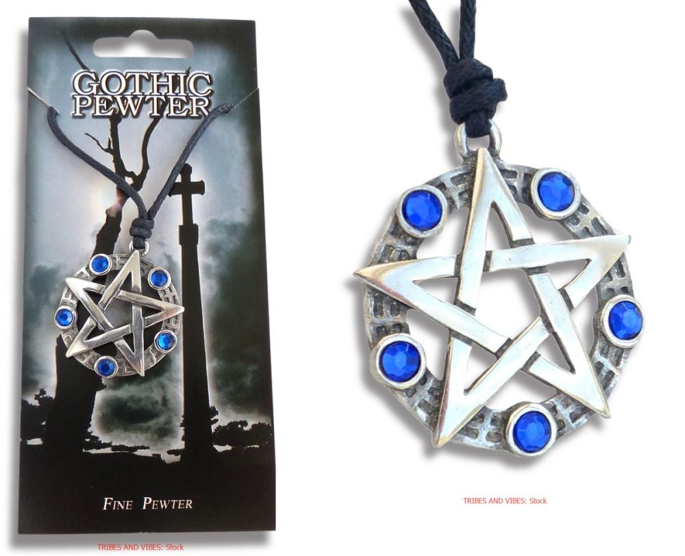 Pentacle Pentagram Necklace blue beads & Card