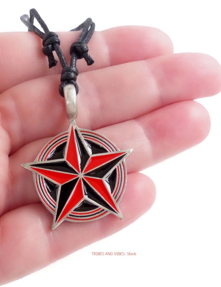 Pentagram Red Black Star Pendant Necklace (handy size guide)