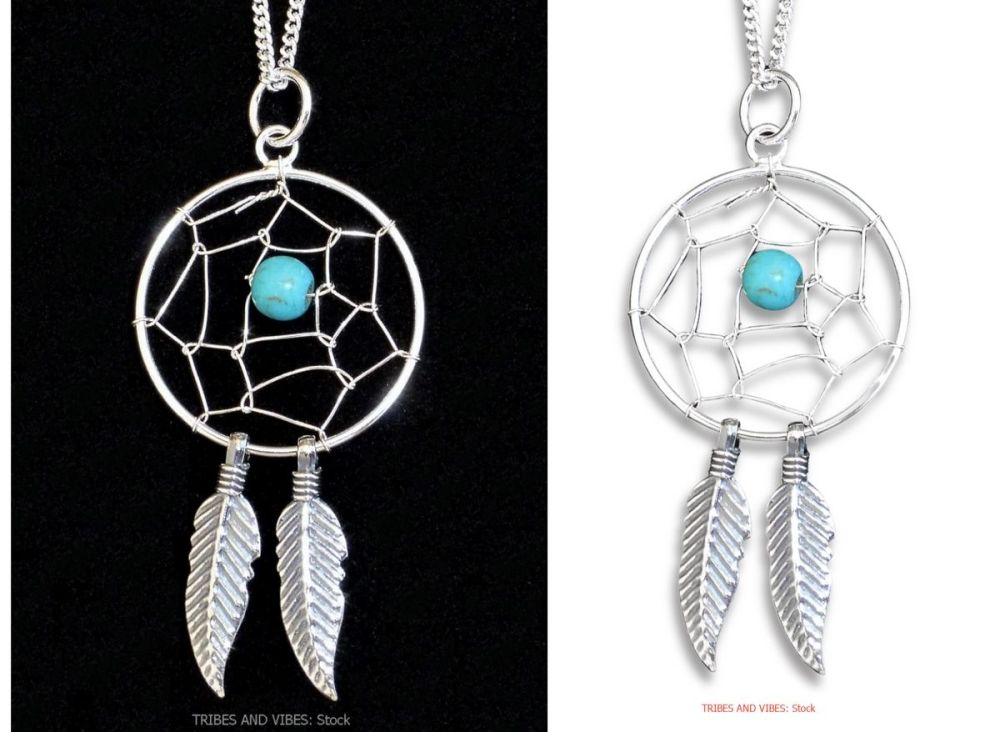 Dream Catcher Necklace Sterling Silver + Turquoise Bead (stock)
