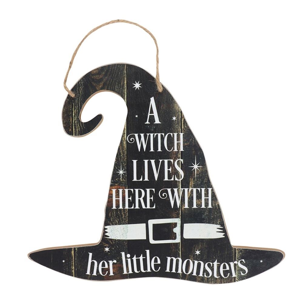 A Witch Lives Here With Her Little Monsters MDF Hanging Sign