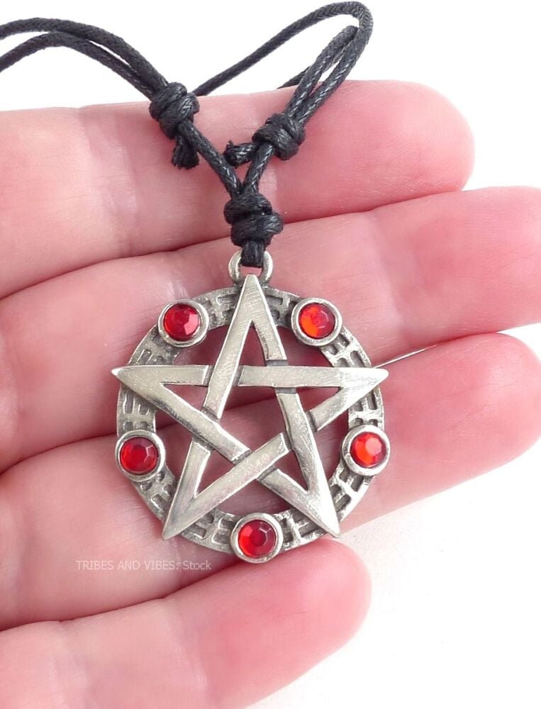 Pentagram Pentacle Pewter Pendant Necklace (red beads)