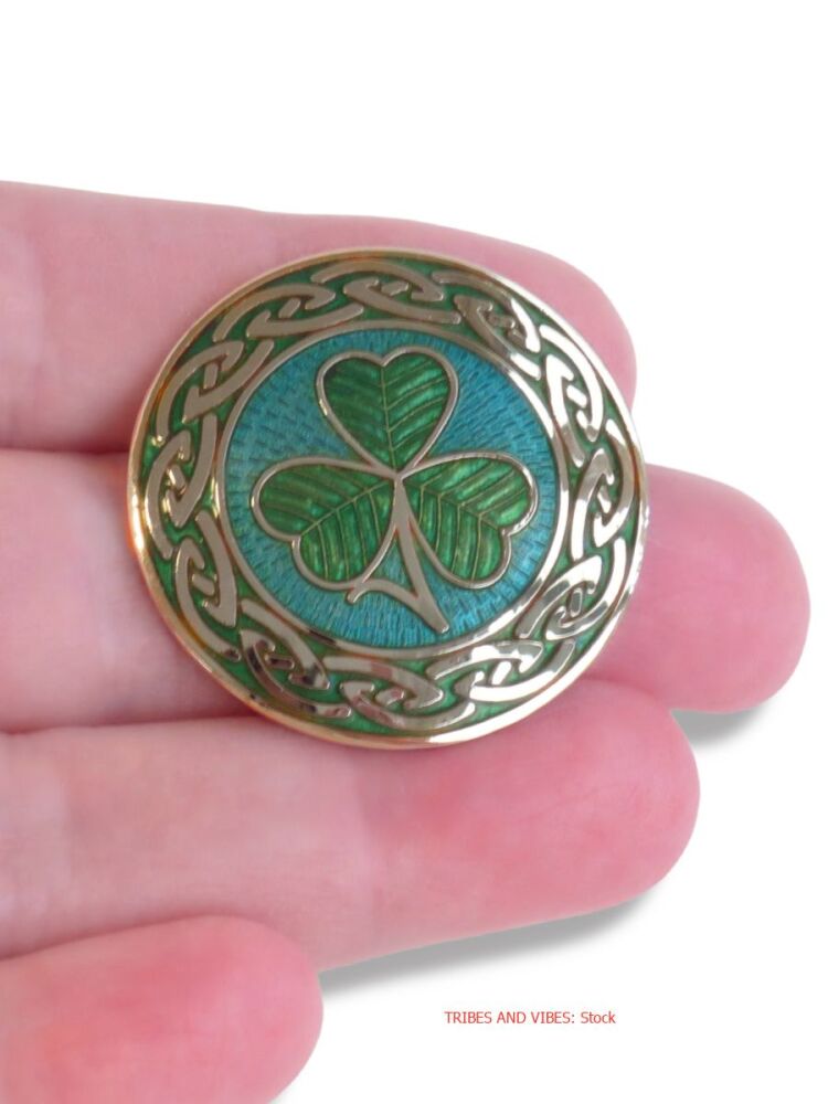 Irish Shamrock round Brooch Celtic Knotwork Enamels by Sea Gems (aqua/green)