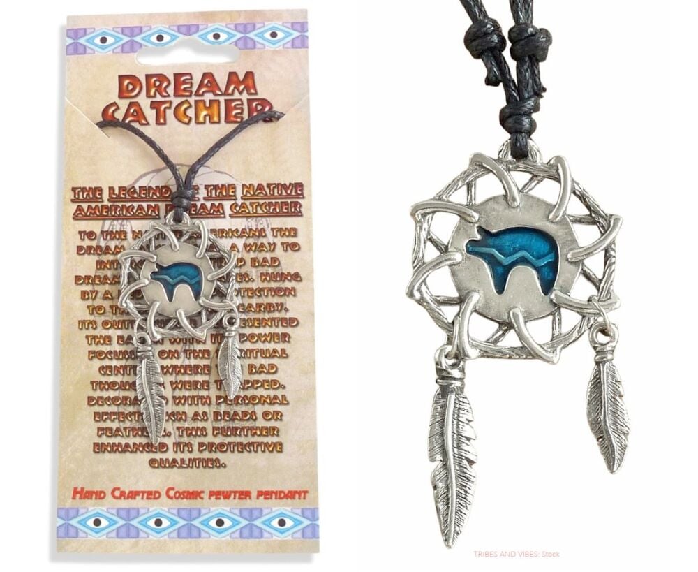 Blue Bear Dream Catcher Pewter Pendant Necklace & card (stock)