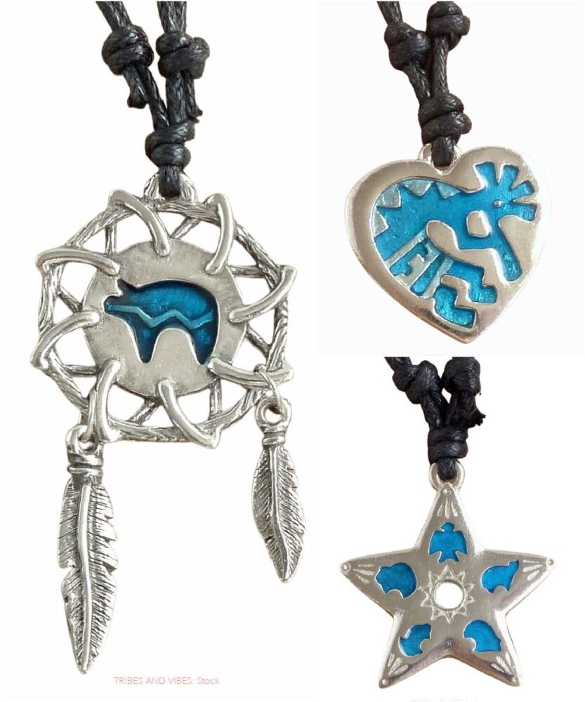 Blue Bear Dream Catcher & Kokopelli & Morning Star Pendants Necklaces