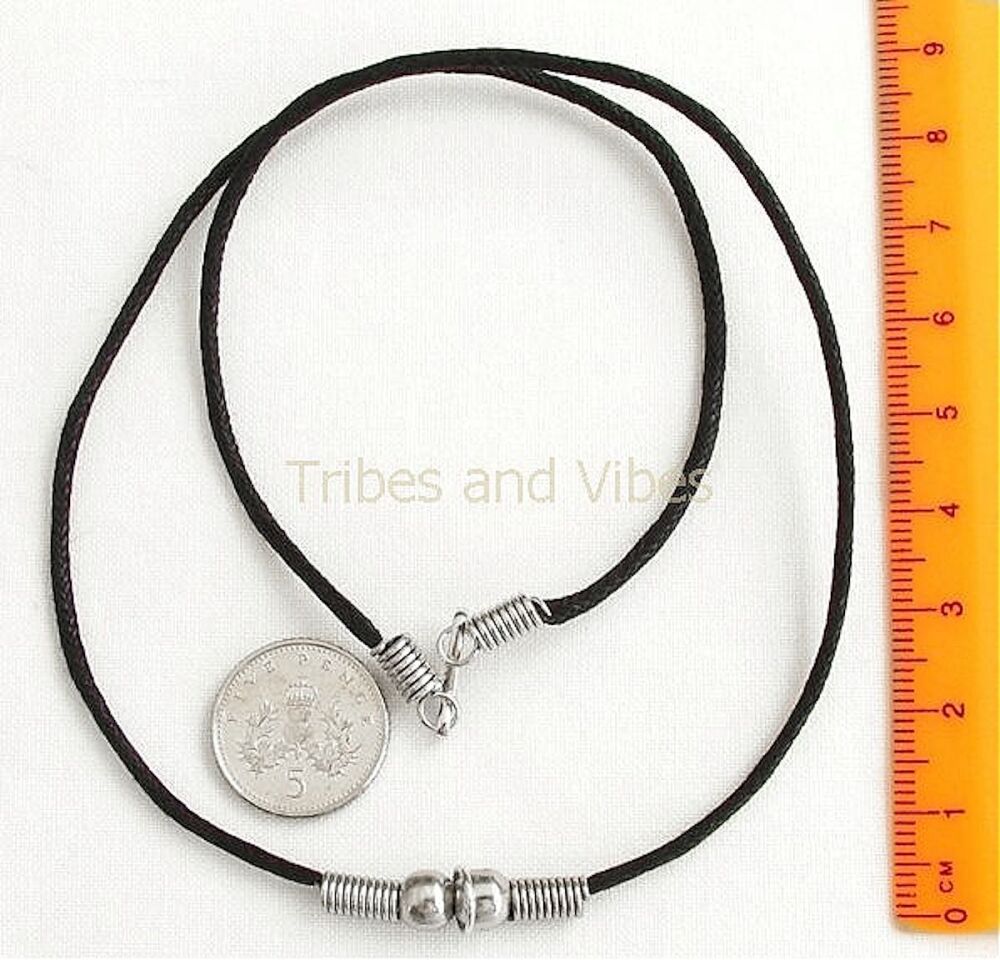 Black waxed cotton Necklace with metal beads 45cm (17.5"-18")