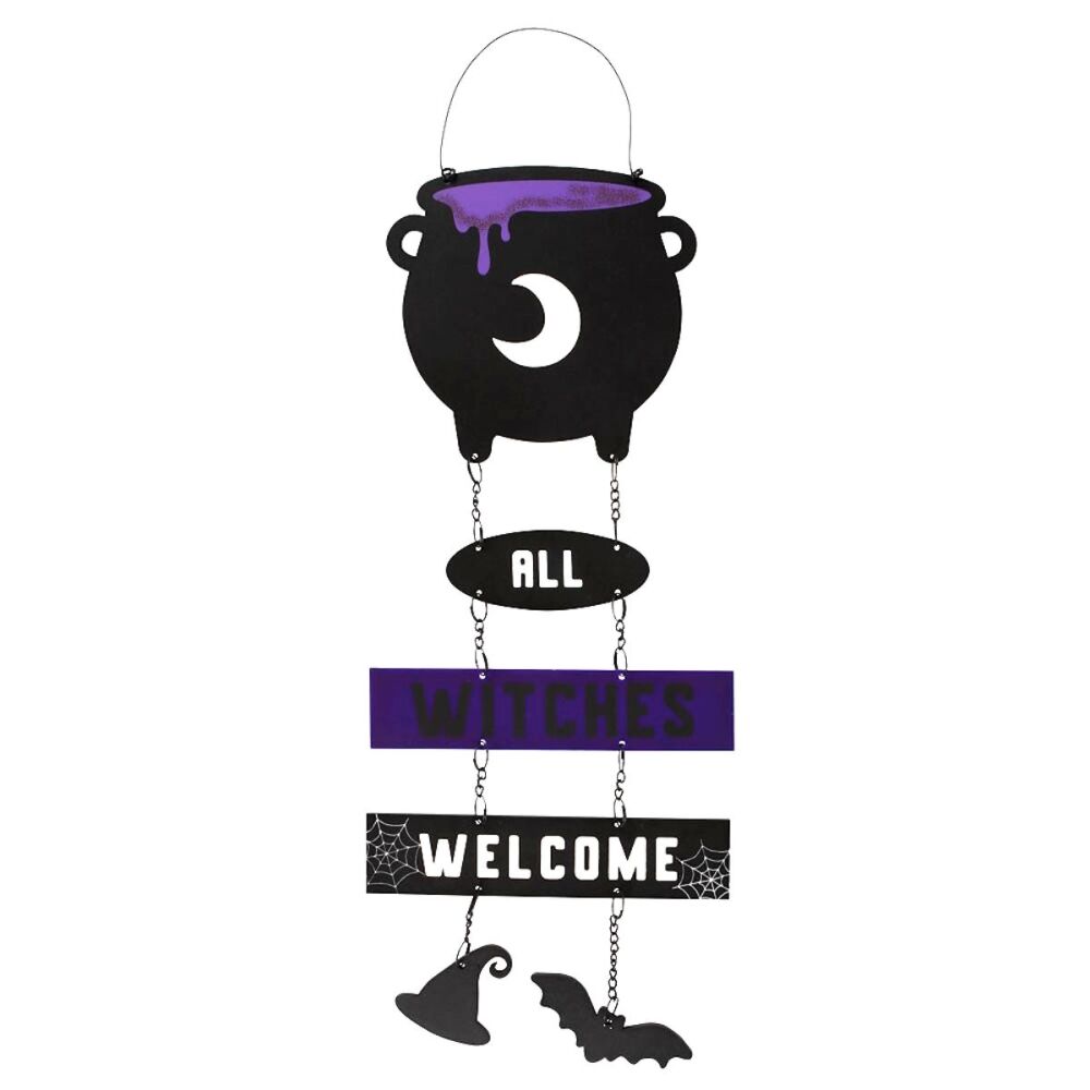 All Witches Welcome hanging sign chain Cauldron Bat Witch Hat