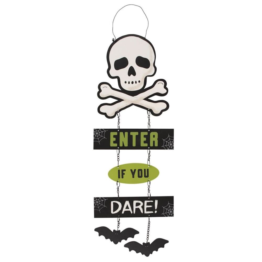 Enter If You Dare hanging sign chain Skull Bones Bats Scary