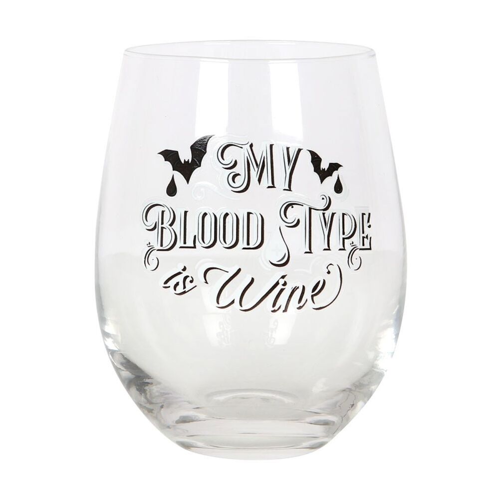 My Blood Type is Wine Stemless Wine Glass with bats