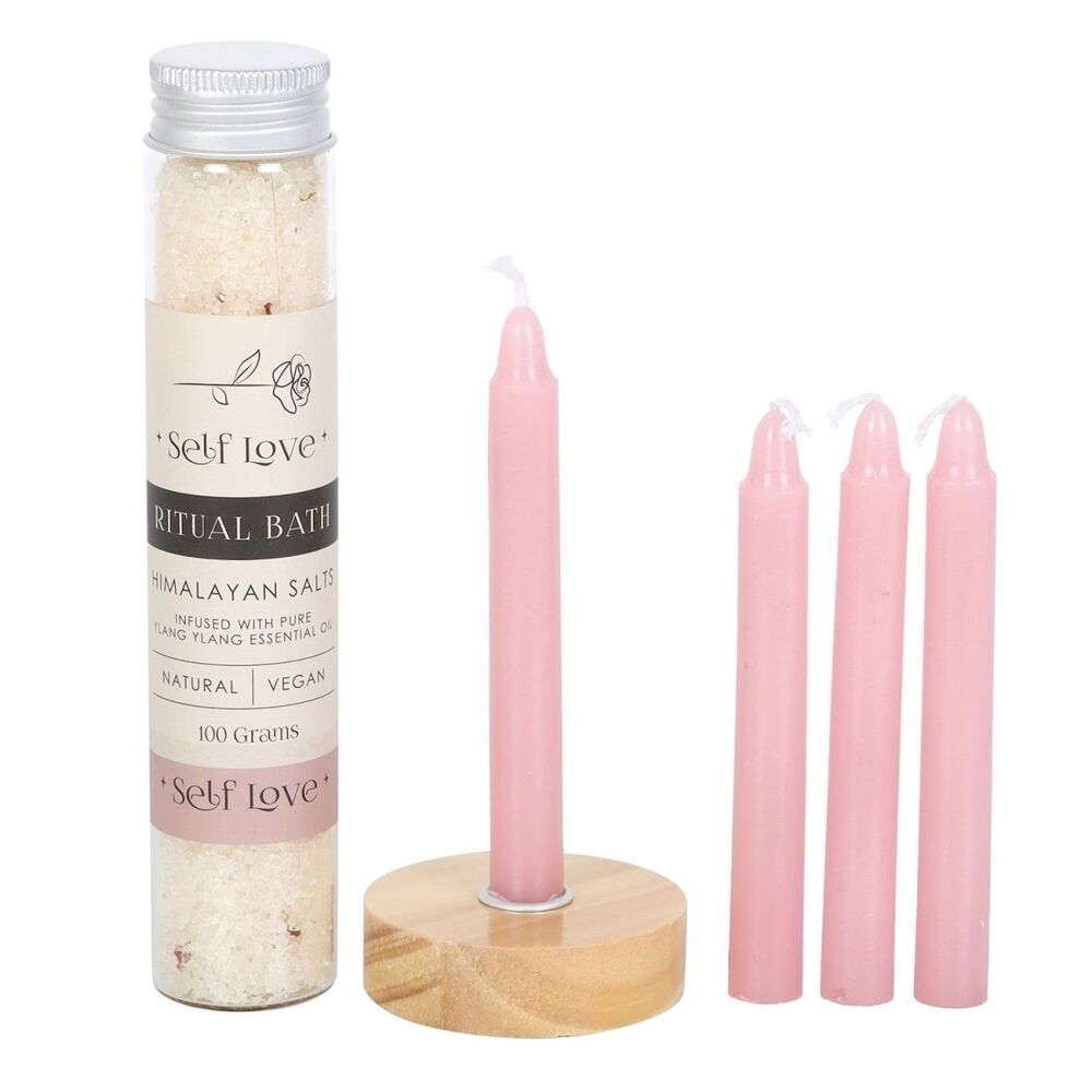 Self Love Herbal Ritual Bath Set with Pink Spell Candles & Holder