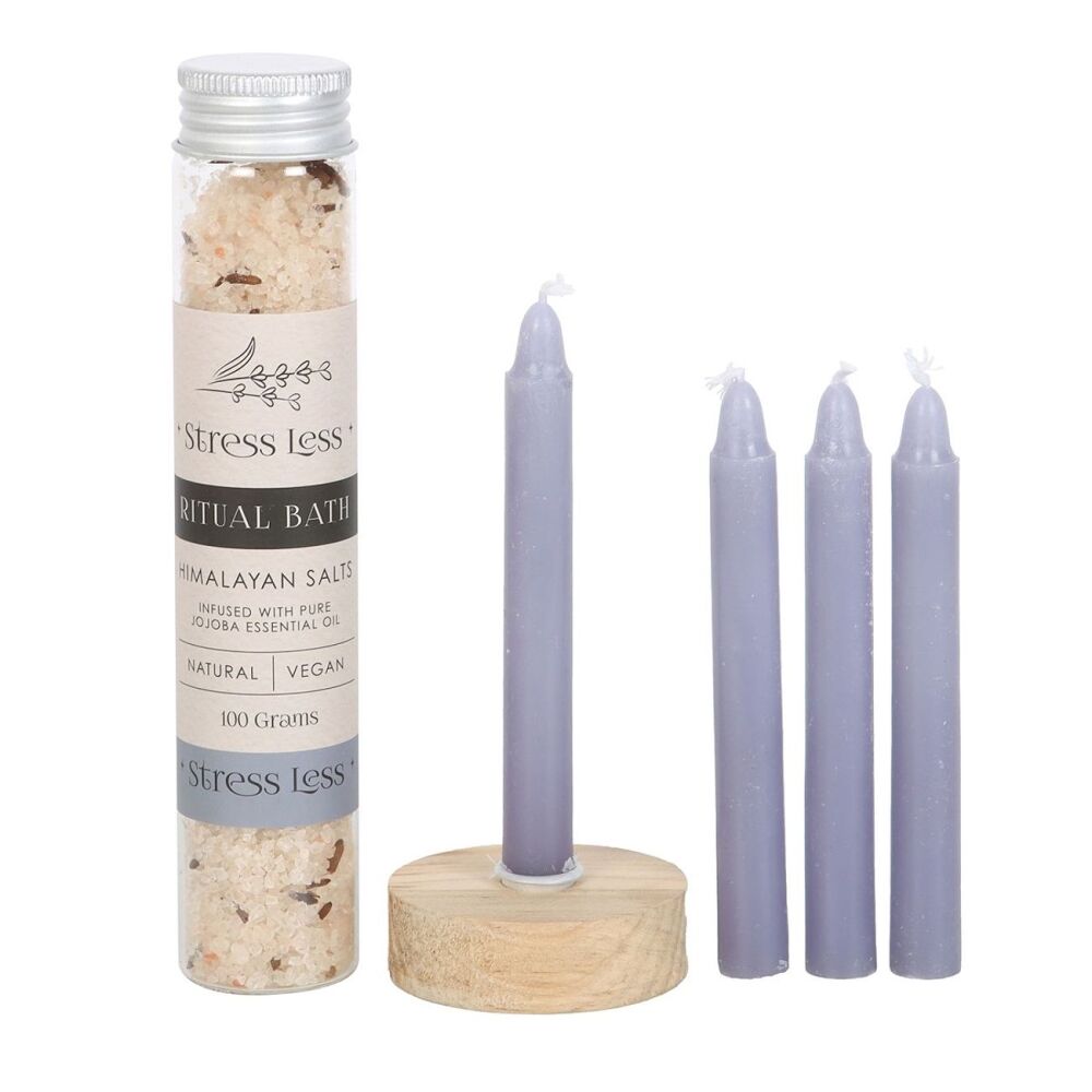 Stress Less Herbal Ritual Bath Set with purple Spell Candles & Holder