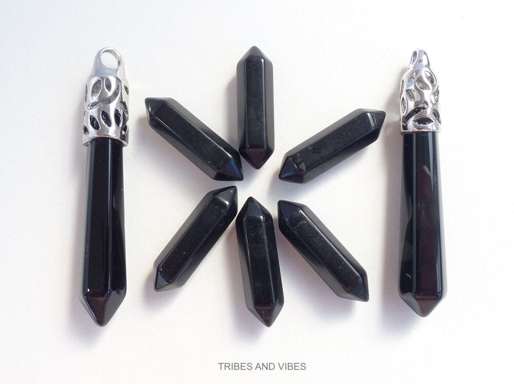 Black Obsidian Crystal Point Wands & Pendants 8pcs flawed