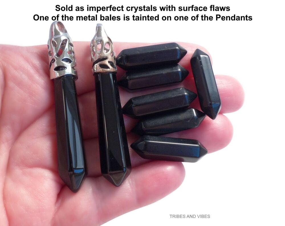 Black Obsidian Crystal Point Wands and Pendants 8pcs flawed