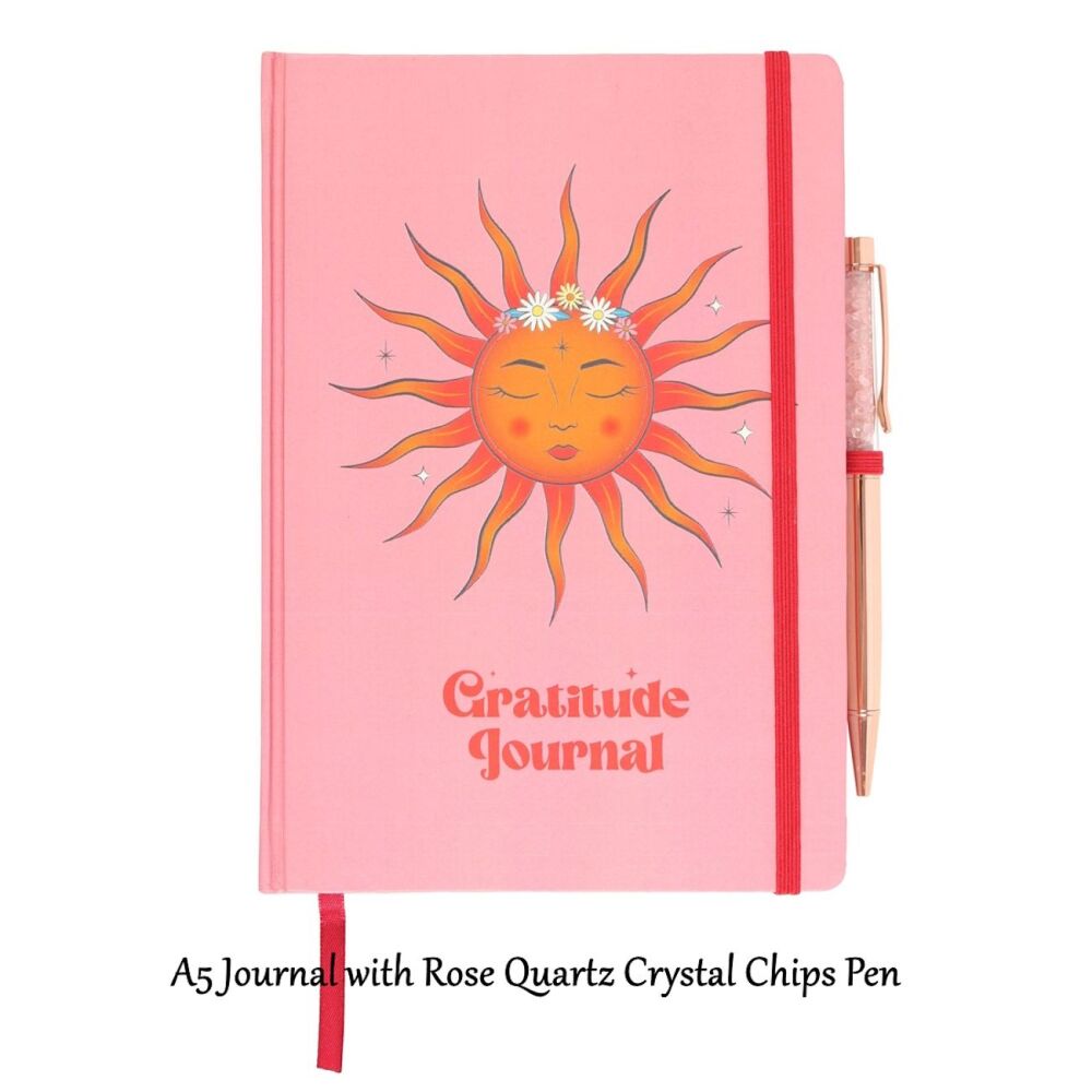 The Sun Gratitude Journal with Rose Quartz Crystal Chips Pen A5