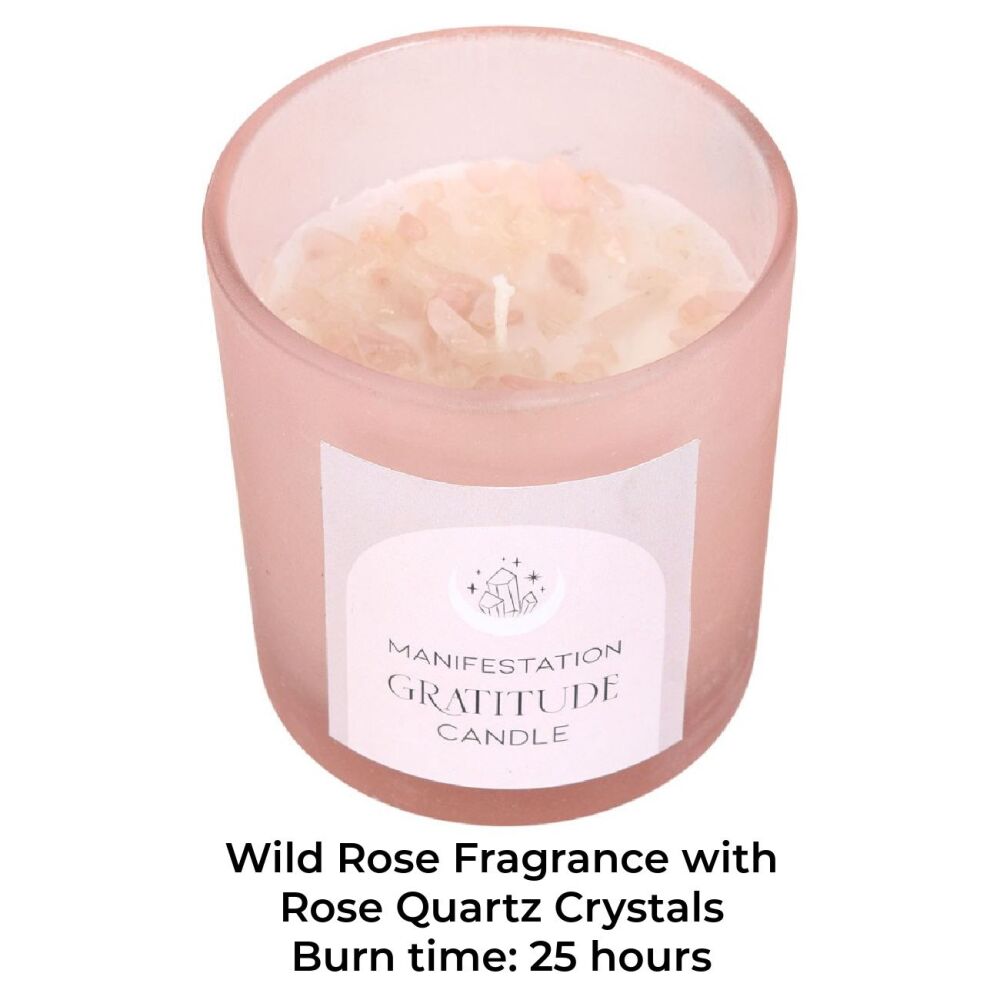 Gratitude Manifestation Candle Wild Rose Quartz Crystal Chips