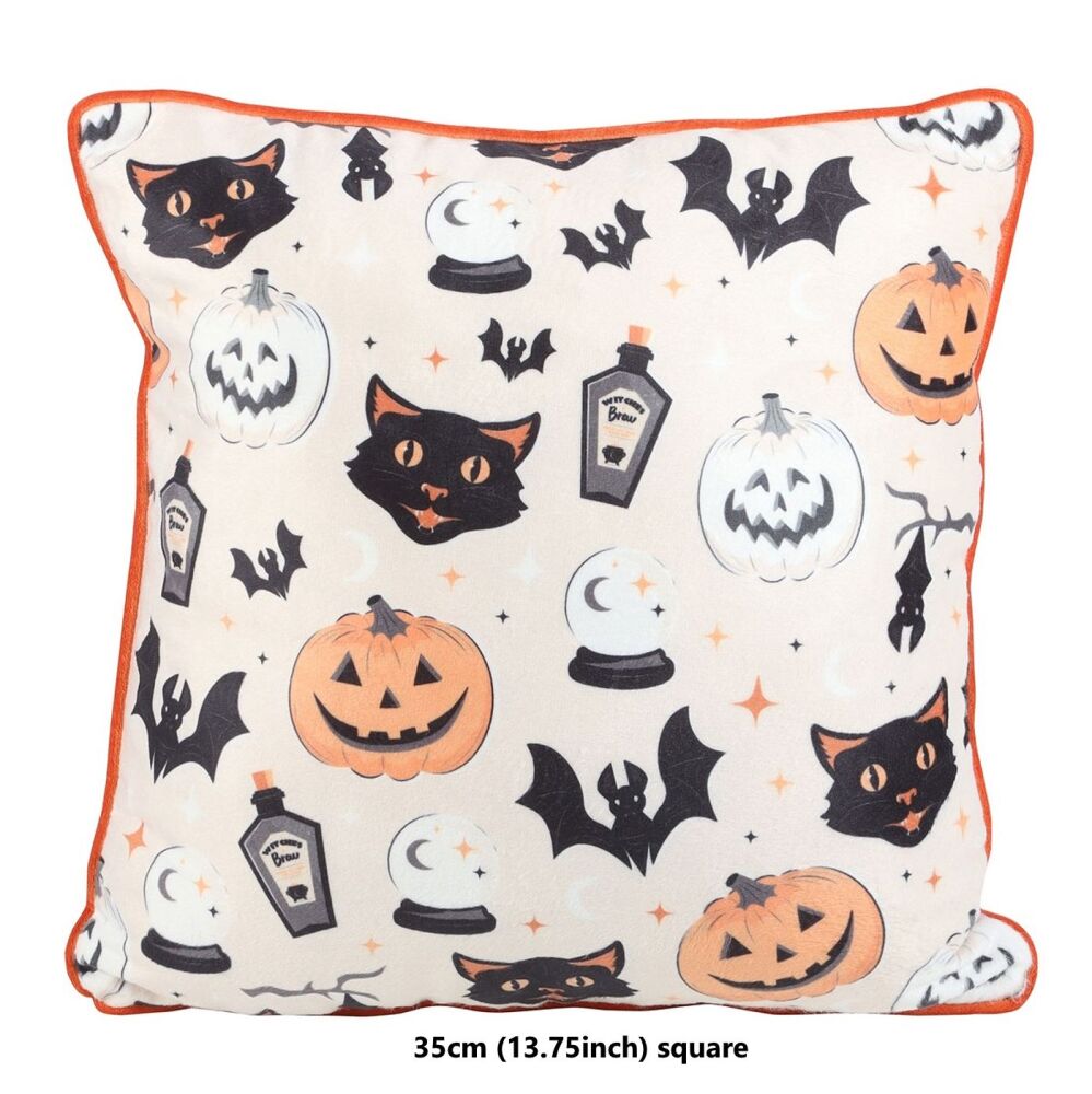 Spooky Cat Bats and Pumpkin Print Cushion