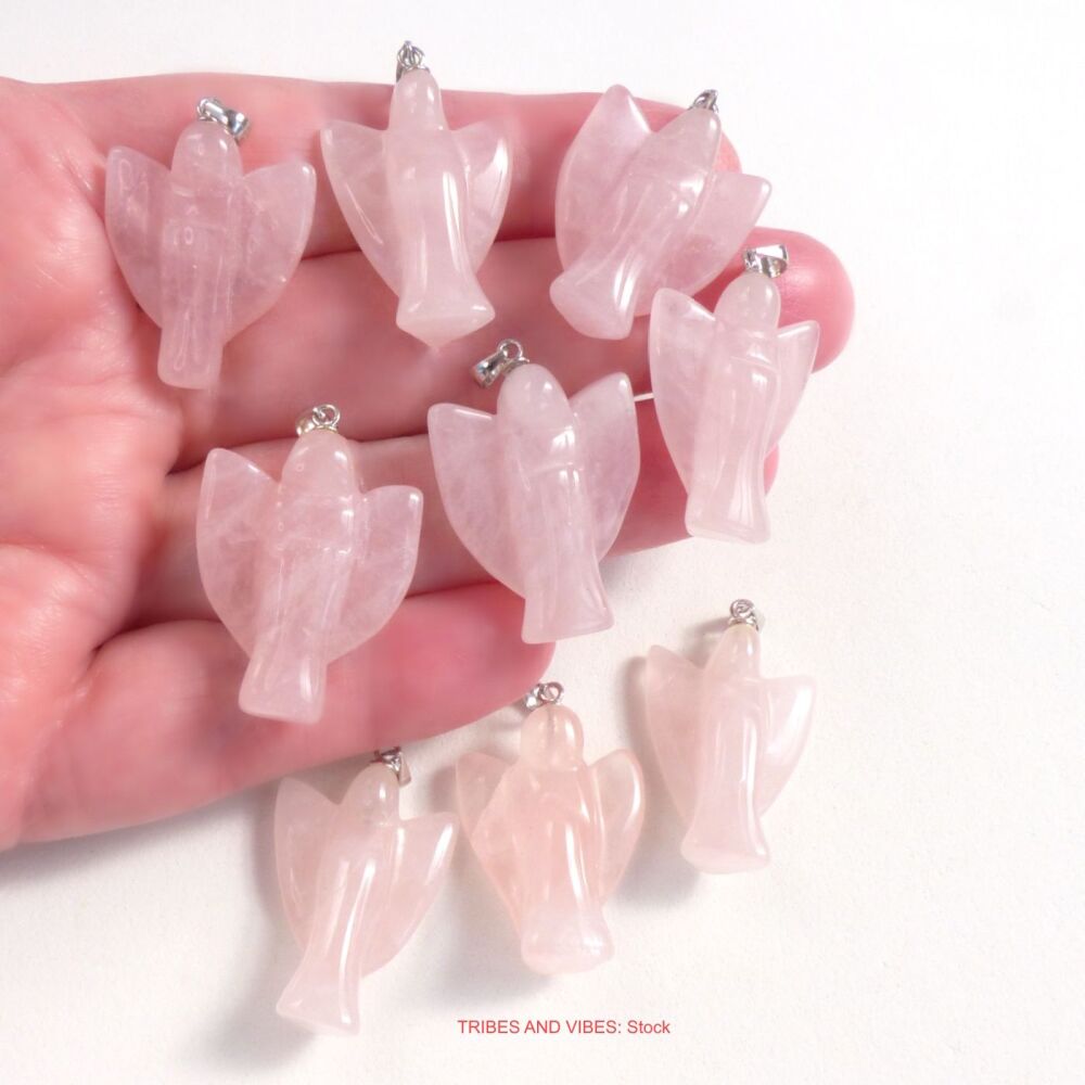 Rose Quartz Angel Pendant 925 Silver bale