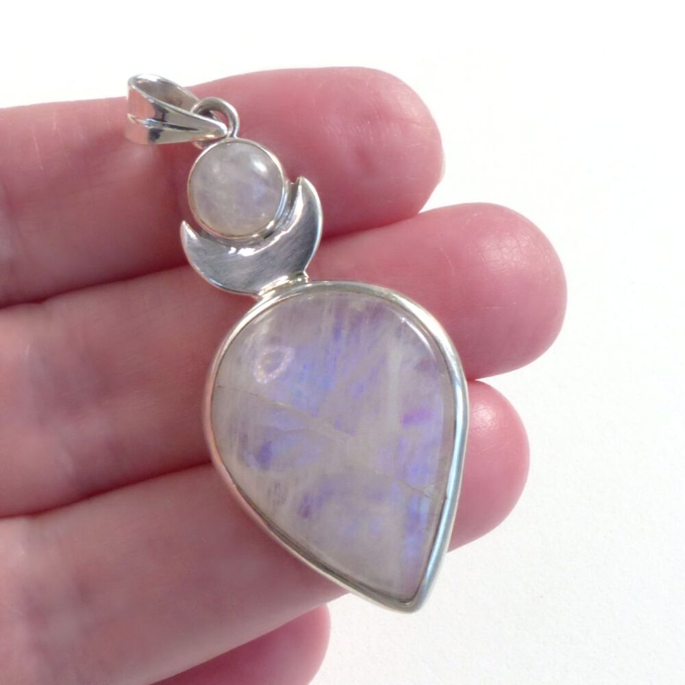 Goddess High Priestess Pendant Sterling Silver Rainbow Moonstone Crystals #1