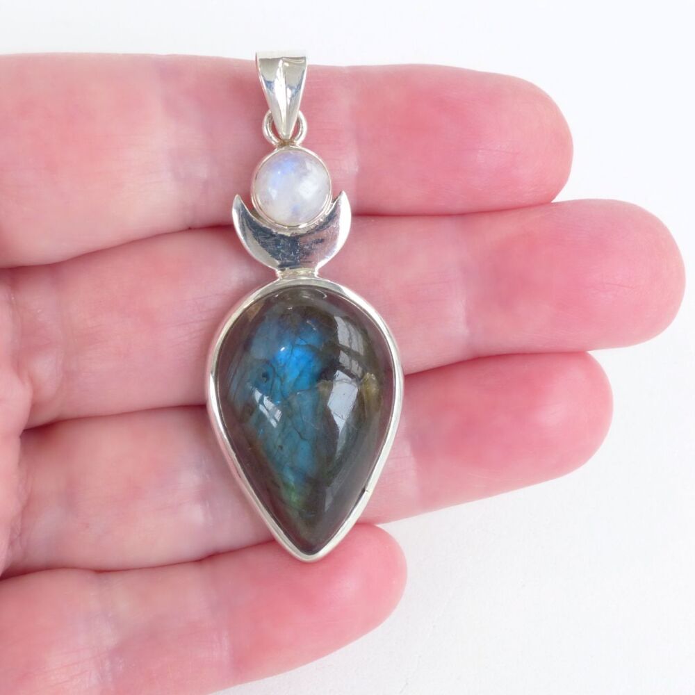 Goddess High Priestess Pendant Sterling Silver Labradorite Rainbow Moonstone Crystals #1