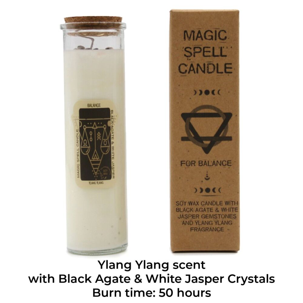 Magic Spell Candle for BALANCE with Black Agate White Jasper Crystal Gemstones