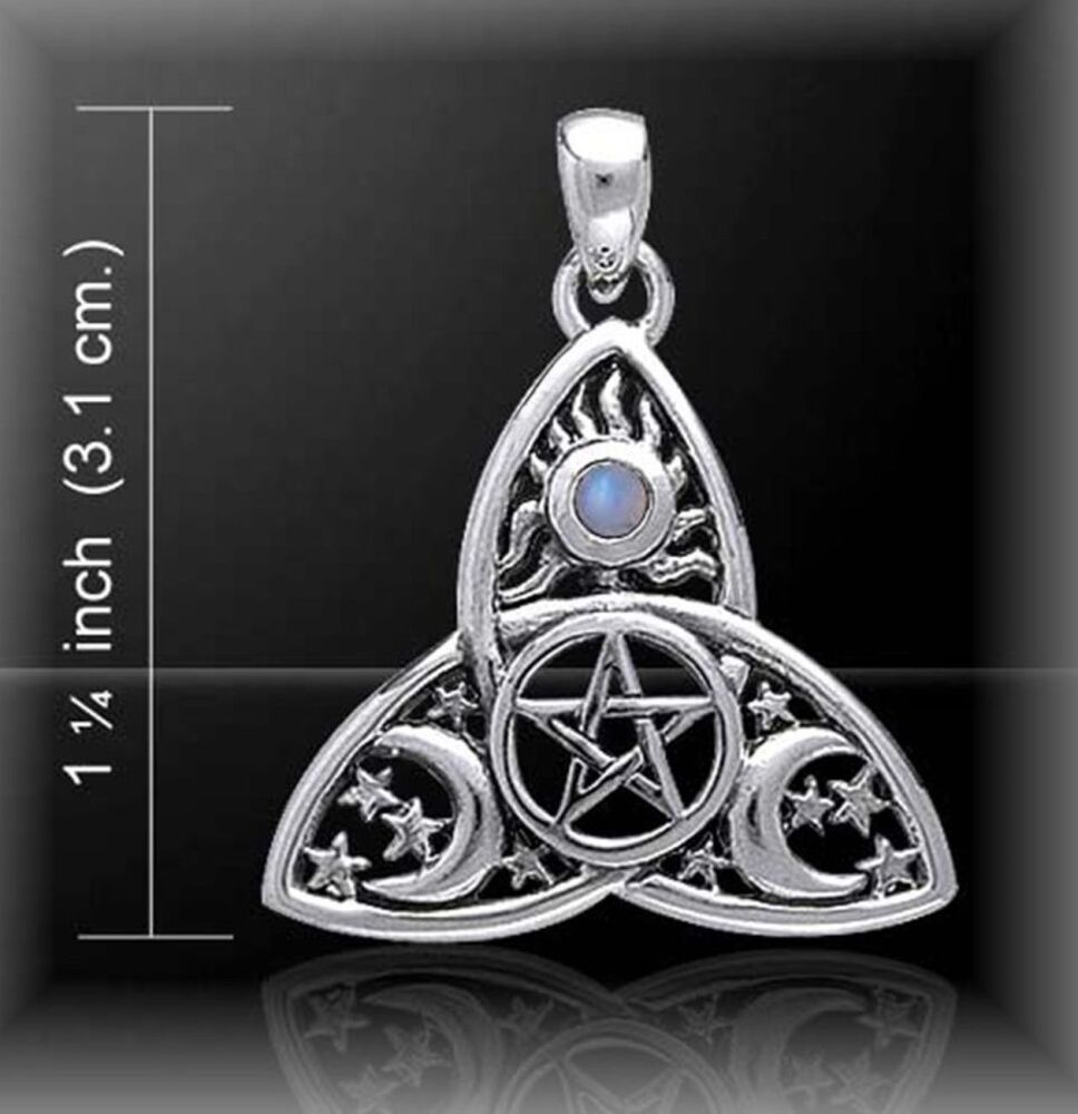 Cosmic Triquetra Triple Moon Pentacle Pendant, by Peter Stone, Sterling Silver & Rainbow Moonstone Crystal