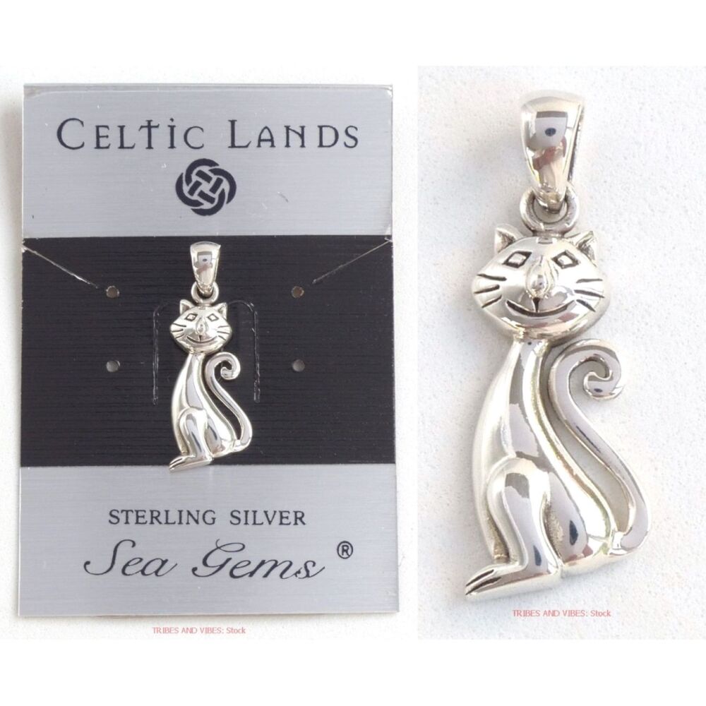 Cat Happy Kitty Curly Tail Pendant, Sterling Silver by Sea Gems