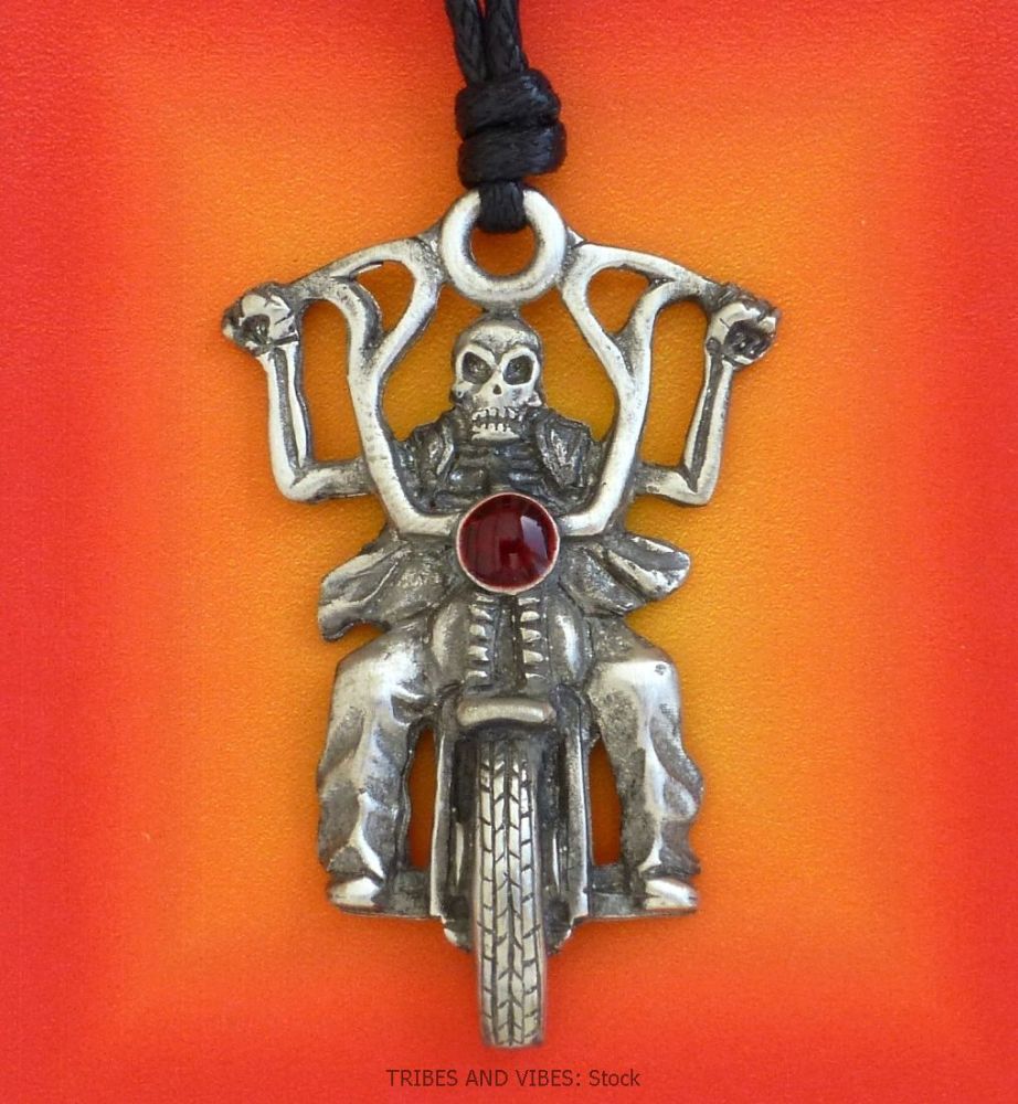 Skeleton Biker Ghost Rider Pendant Necklace (Stock)