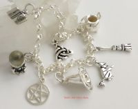 Charm Bracelet with 8x Pagan Witch Charms, Sterling Silver 21cm