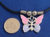 Butterfly Pendant (pink & lilac) + metal beads necklace