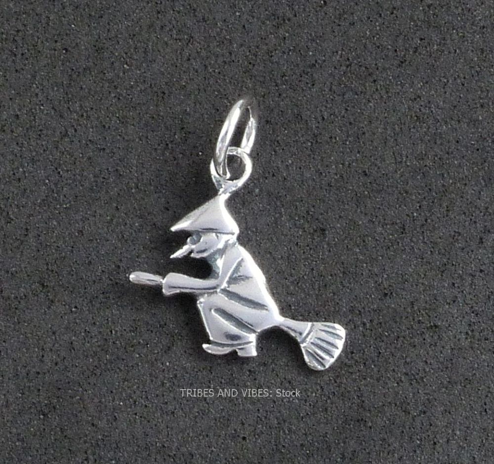 Flying Witch on a Broomstick Charm, Sterling Silver (stock)