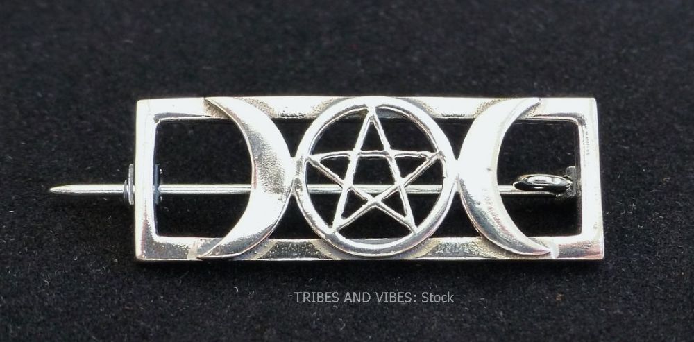 Triple Moon Goddess Pentacle Pentagram Brooch, 925 Sterling Silver