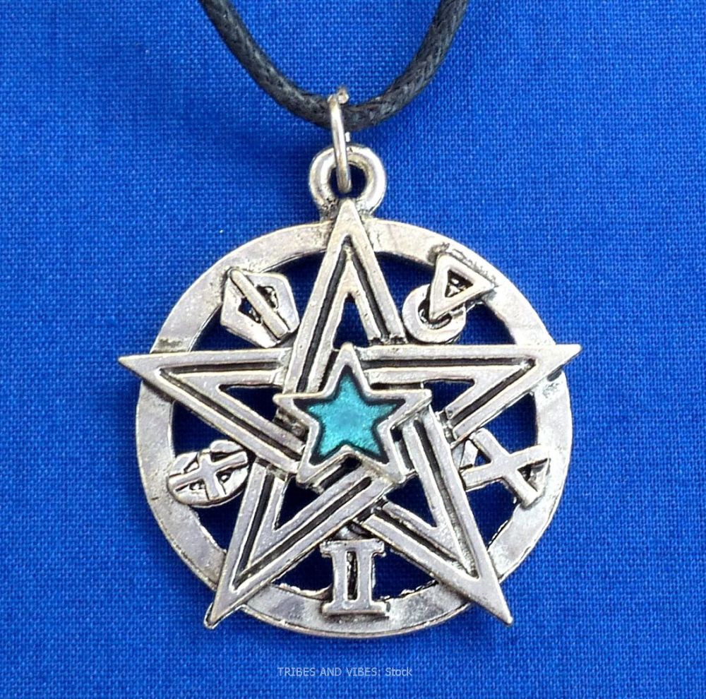 Detailed Pentacle Pentagram Blue Pendant Necklace