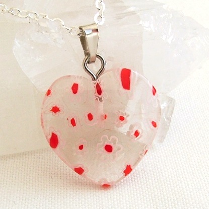 Clear & Red Heart Millefiori Glass Pendant & Necklace