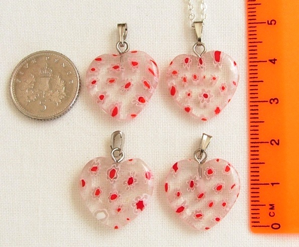 Clear & Red Heart Millefiori Glass Pendant & Necklace
