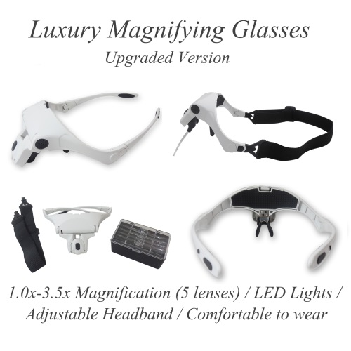 Magnifying Glasses / Upgraded Version / White / LED / Headband / 5 Lens (1.